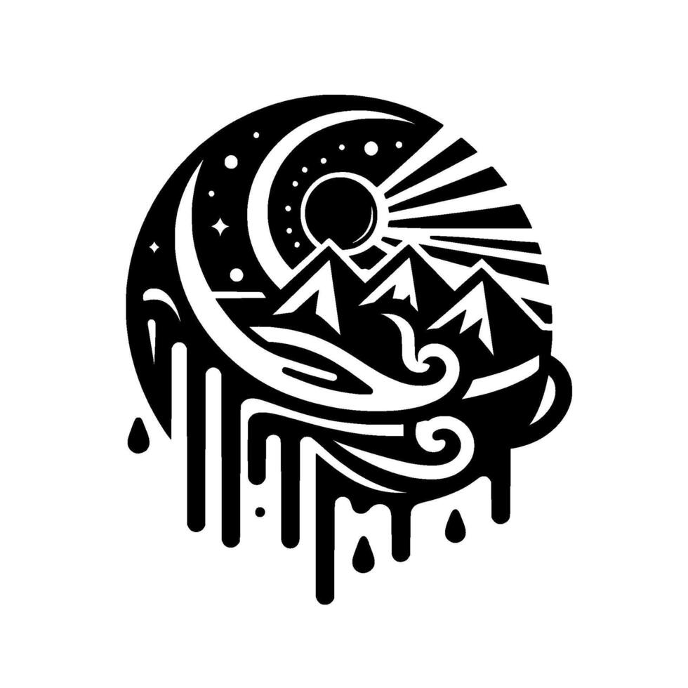 Stylized Black and White Mountain SunriseSunset Scene Within a Circular Frame Moon, Sun, Stars, Water Flowing Downwards vector