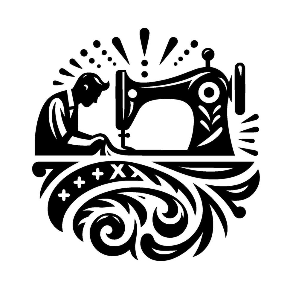A stylized monochrome illustration of a tailor at work on a vintage sewing machine, surrounded by decorative flourishes and dynamic elements. vector