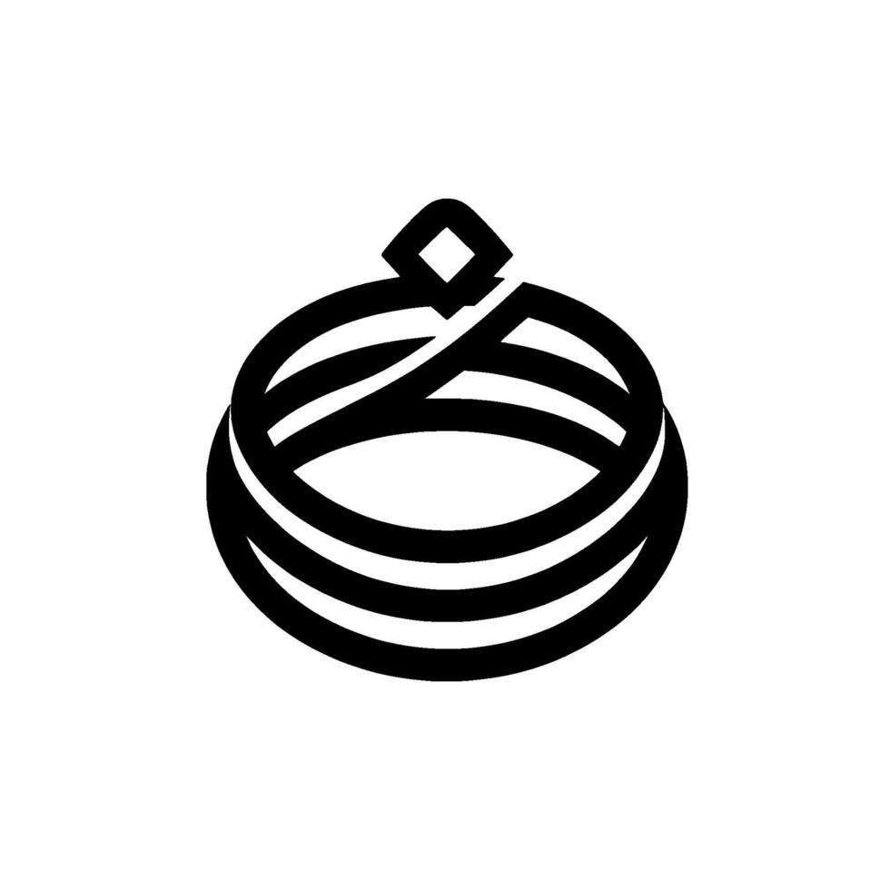 Minimalist black and white featuring an abstract, concentricring shape with a geometric diamond element on top, representing jewelry. vector