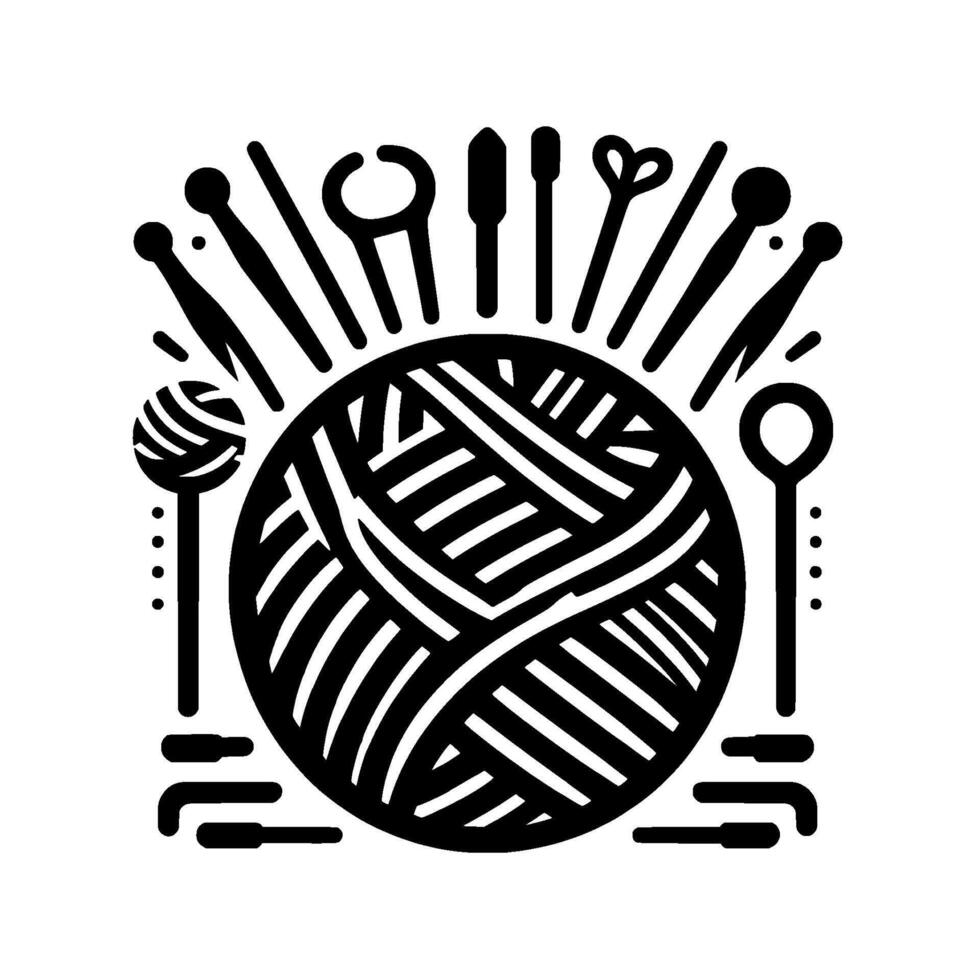 Intricate Black and White Illustration of a Yarn Ball Surrounded by Knitting Tools, Symbolic of Craft and Hobby. vector
