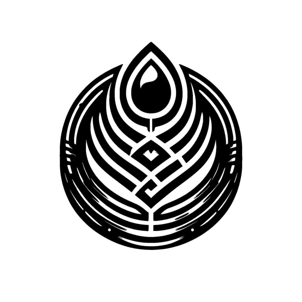 Intricate Black and White Circular Emblem A stylized feather or leaf with a central teardrop shape and complex patterns. vector