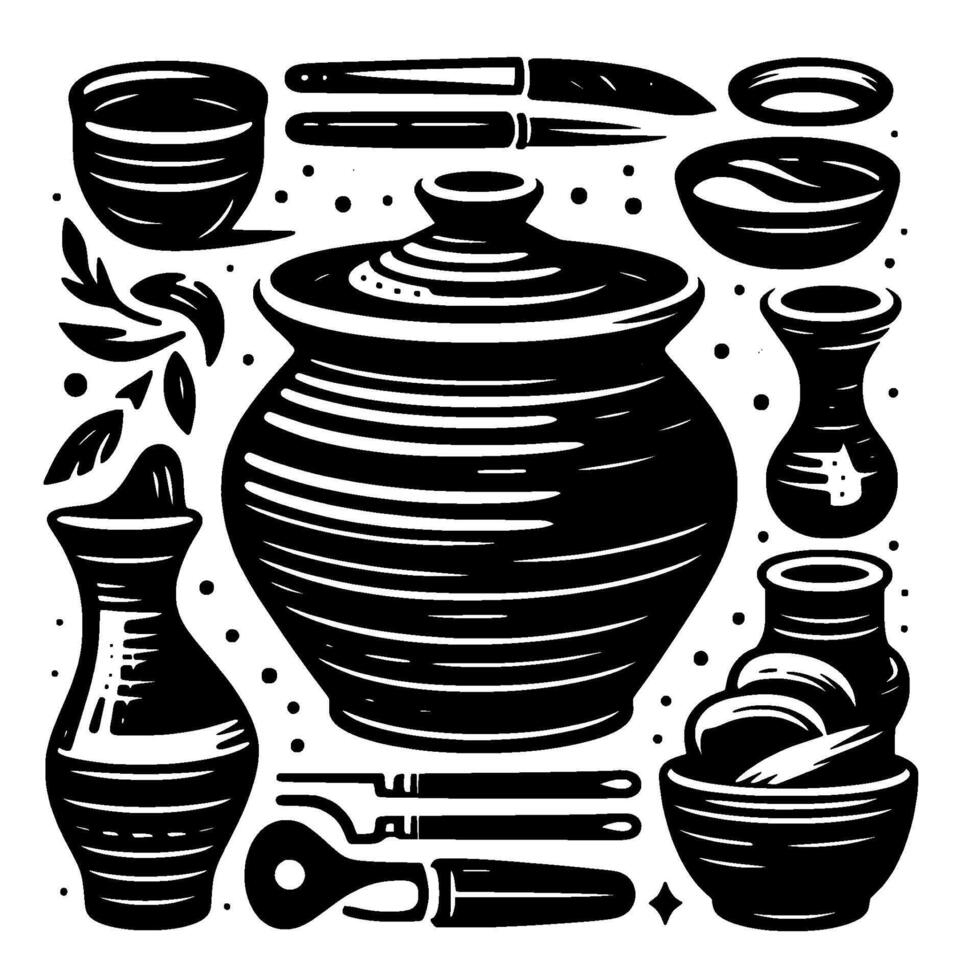 Black and white stylized illustration of pottery, kitchen utensils, and foliage against a white background. vector