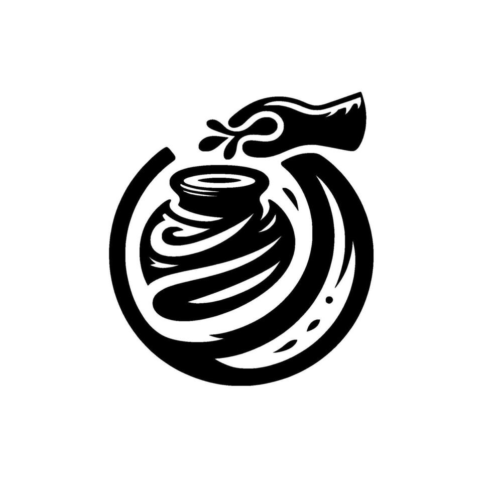 Stylized ink pot with a stylized hand, spillage, and circular elements, rendered in stark black and white. vector