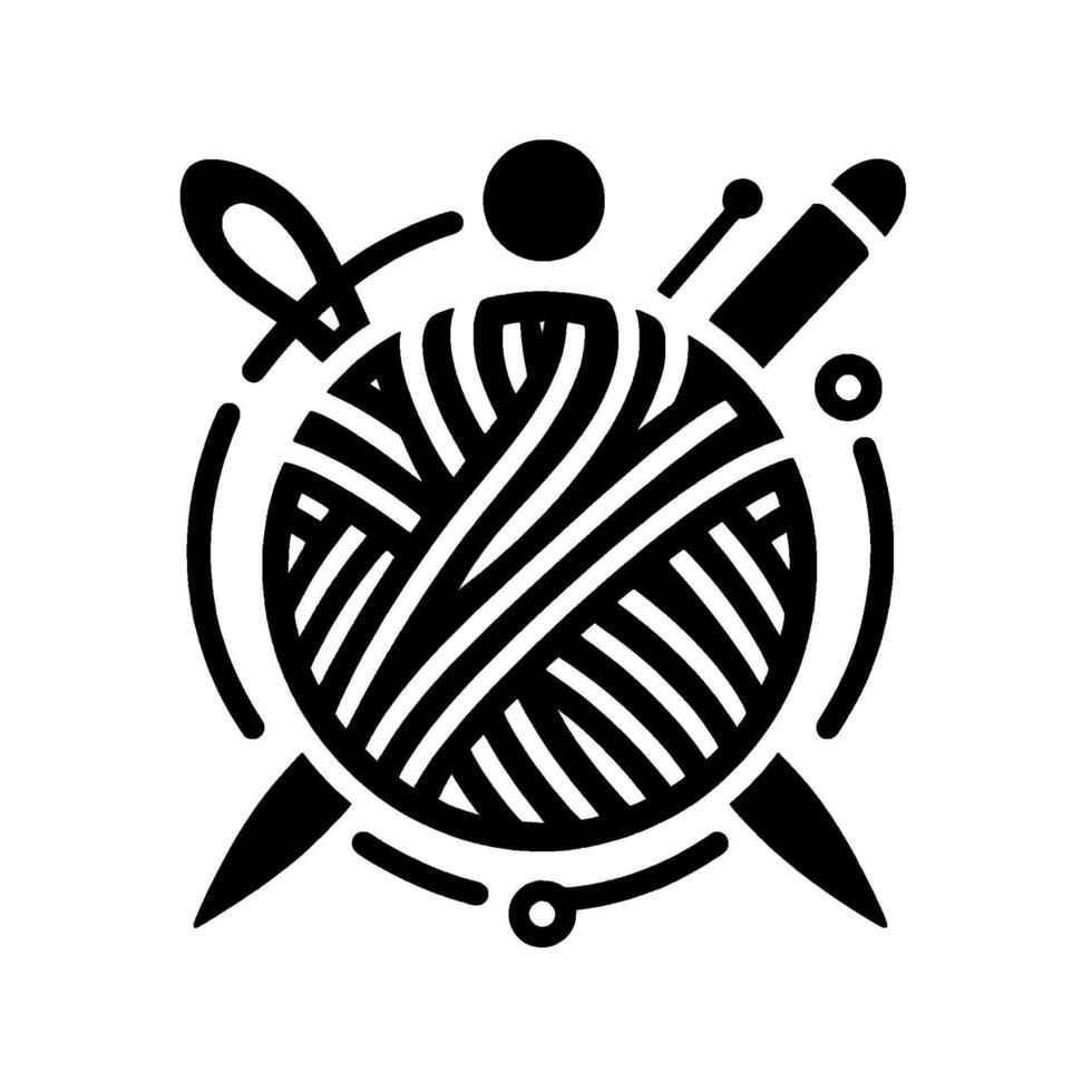 Artistic Black and White Depicting Yarn Ball with Crafting Tools, Representing Knitting, Crochet, and Handmade Crafts. vector