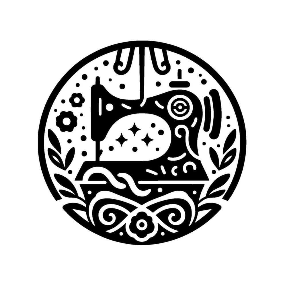 Intricate black and white circular emblem showcasing a vintage sewing machine with floral and decorative . vector