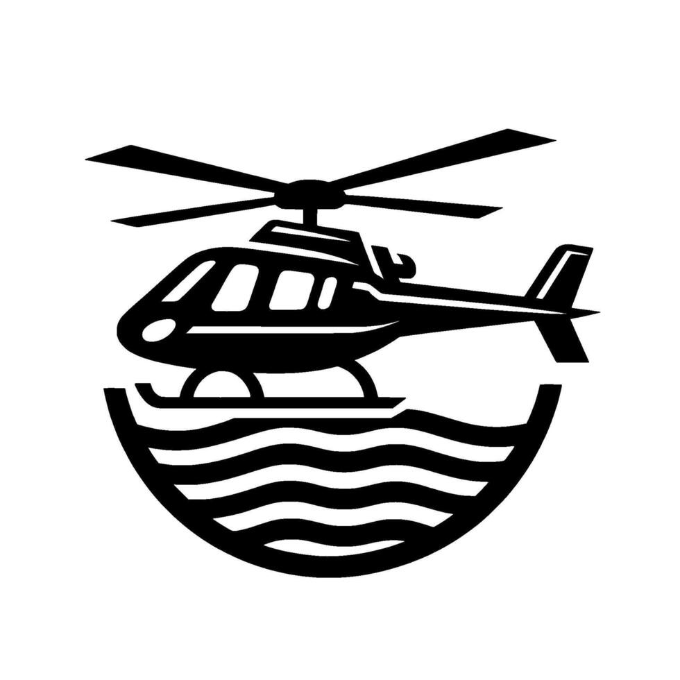 Black and white helicopter , positioned above stylized water waves, minimalist aviation emblem. vector