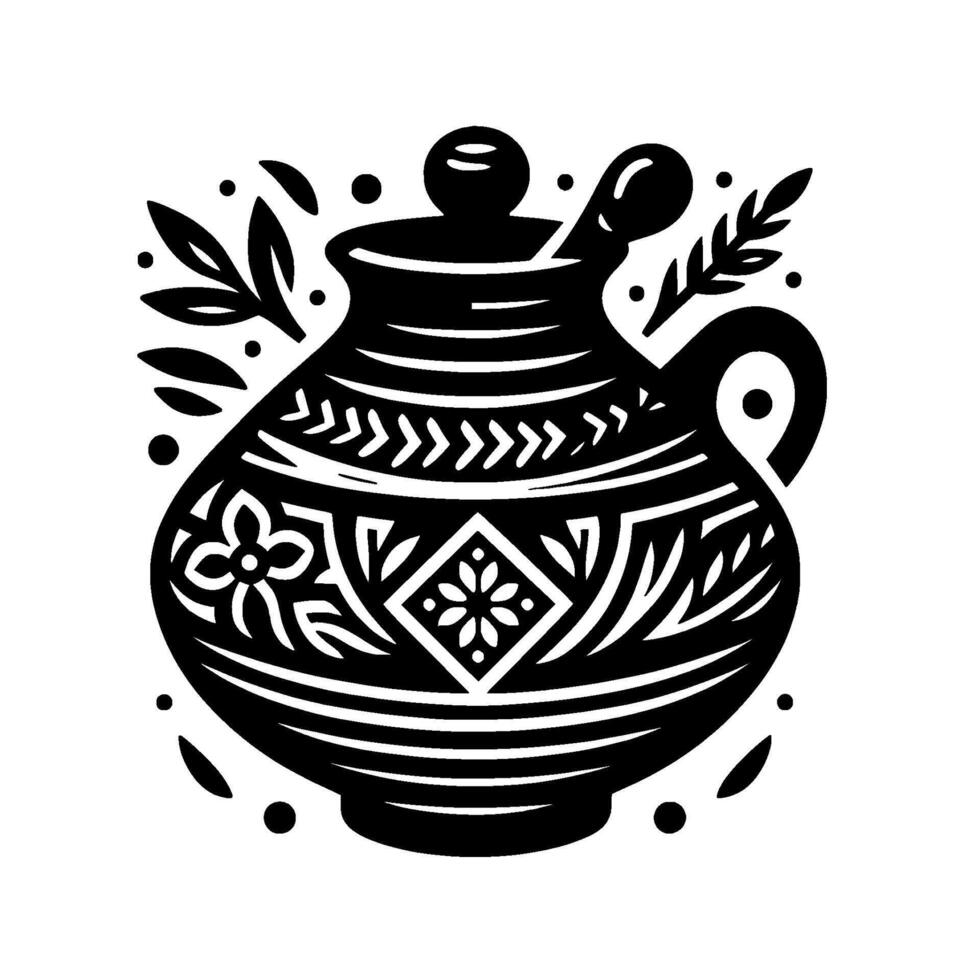 Ornate Black and White Pottery with Spoon, Lid, and Decorative Floral Geometric Patterns in Style. vector