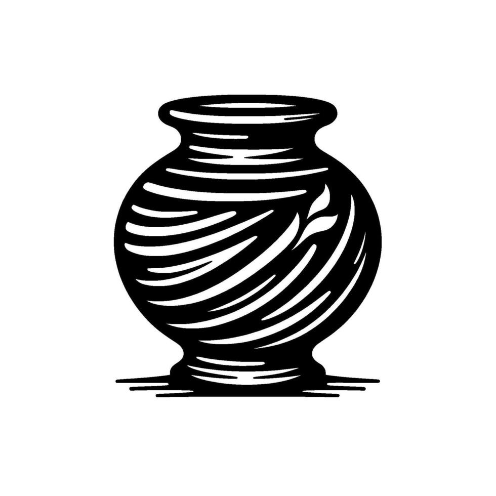 Bold Black and White Ceramic Vase Swirling Lines and Foliage , on a Clean White Background, Minimalist Art. vector