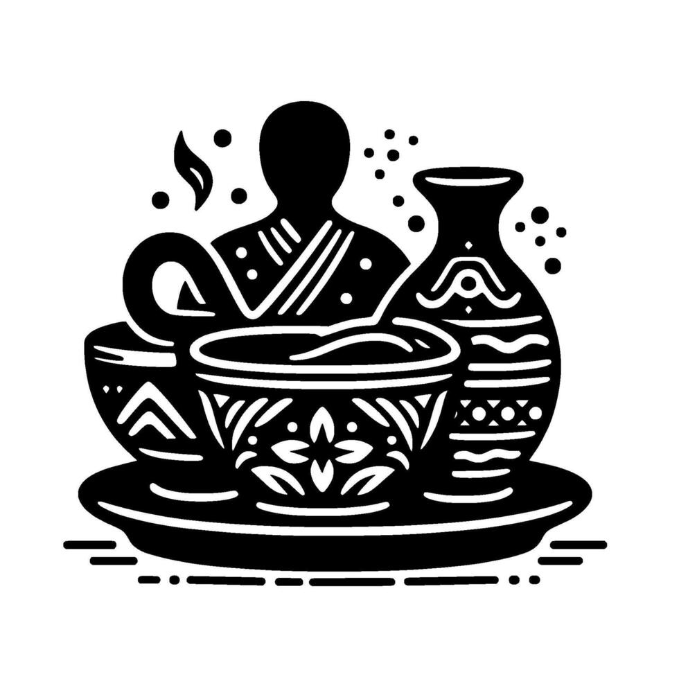 Serene Black White Illustration Pottery, Tea Set Figure in Simplified Eastern Style vector
