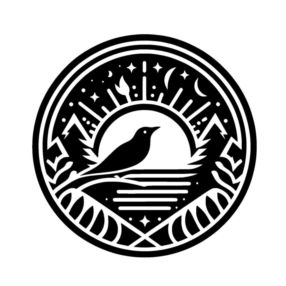 Black White Nature Crest A perched bird on a lake, mountains, trees, sun, moon, stars inside a circular border. vector