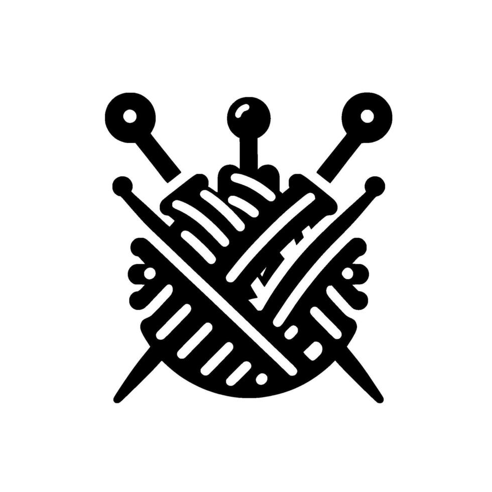 A bold, minimalist, black and white illustration of a ball of yarn intertwined with three knitting needles, suggesting craft and creativity. vector