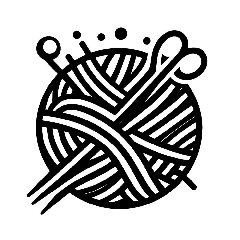 Black and white illustration of a yarn ball with knitting needles and accessories in a modern style, representing craft and hobby. vector