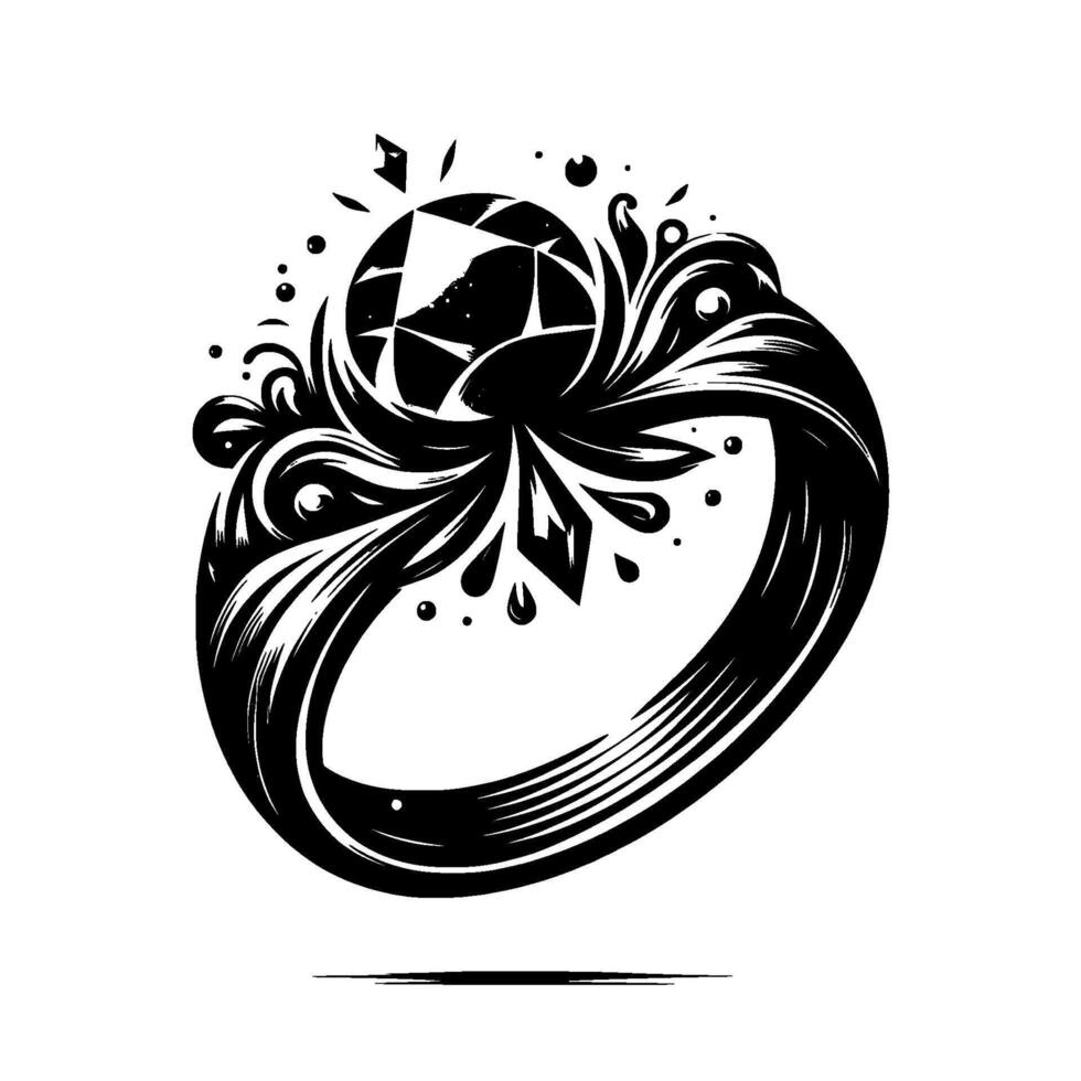 Black and white ornate engagement ring illustration with a large faceted diamond and swirling decorative elements on a white backdrop. vector