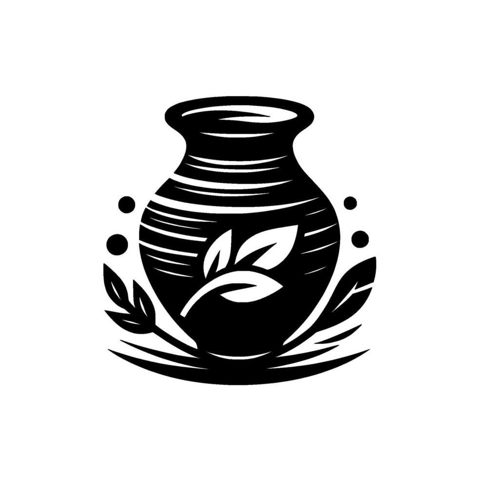 Minimalist Black and White Ceramic Vase with Leafy Branch, Simple and Elegant on White Background. vector