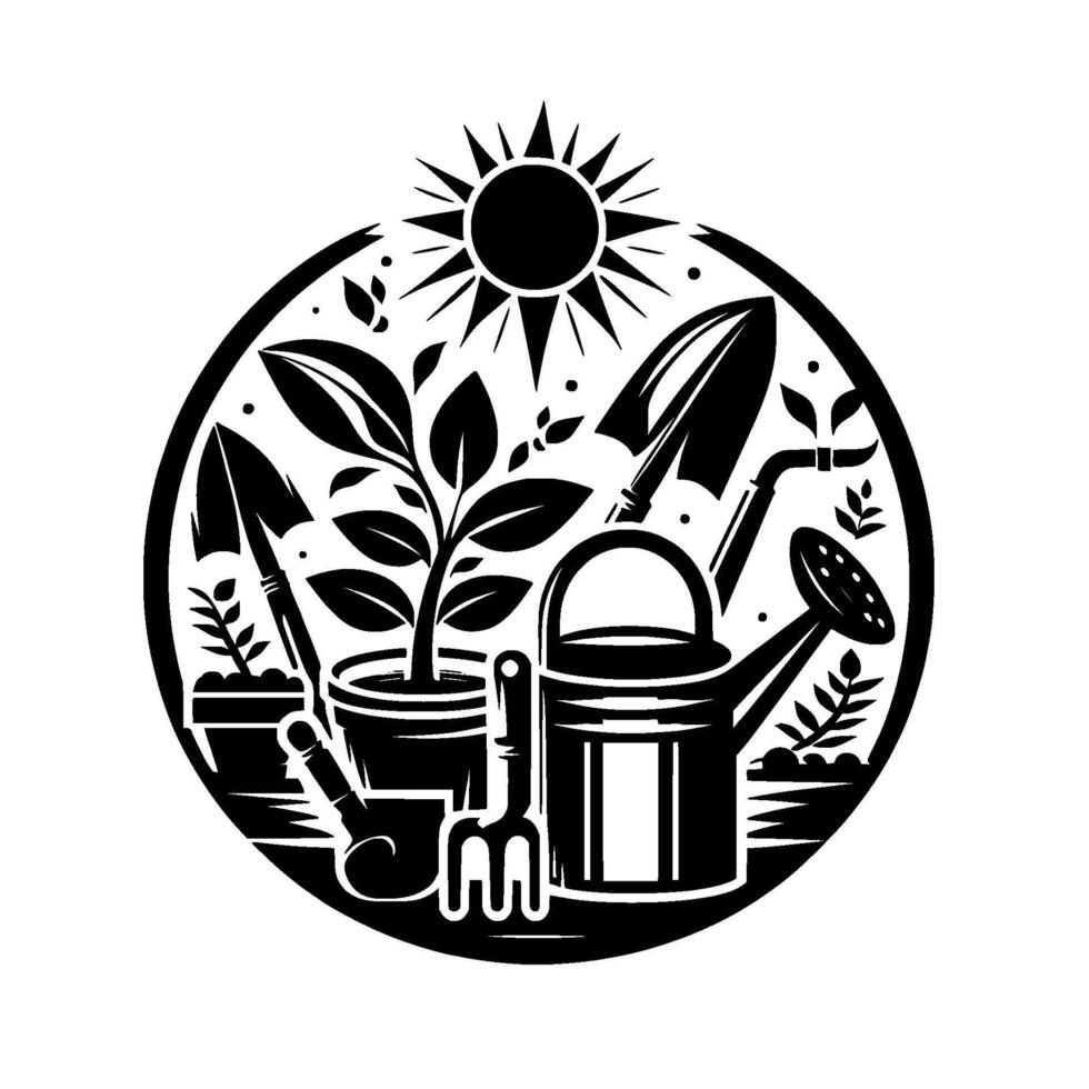 Black and white circular emblem featuring gardening tools, a potted plant, and the sun, creating a classic botanical illustration. vector