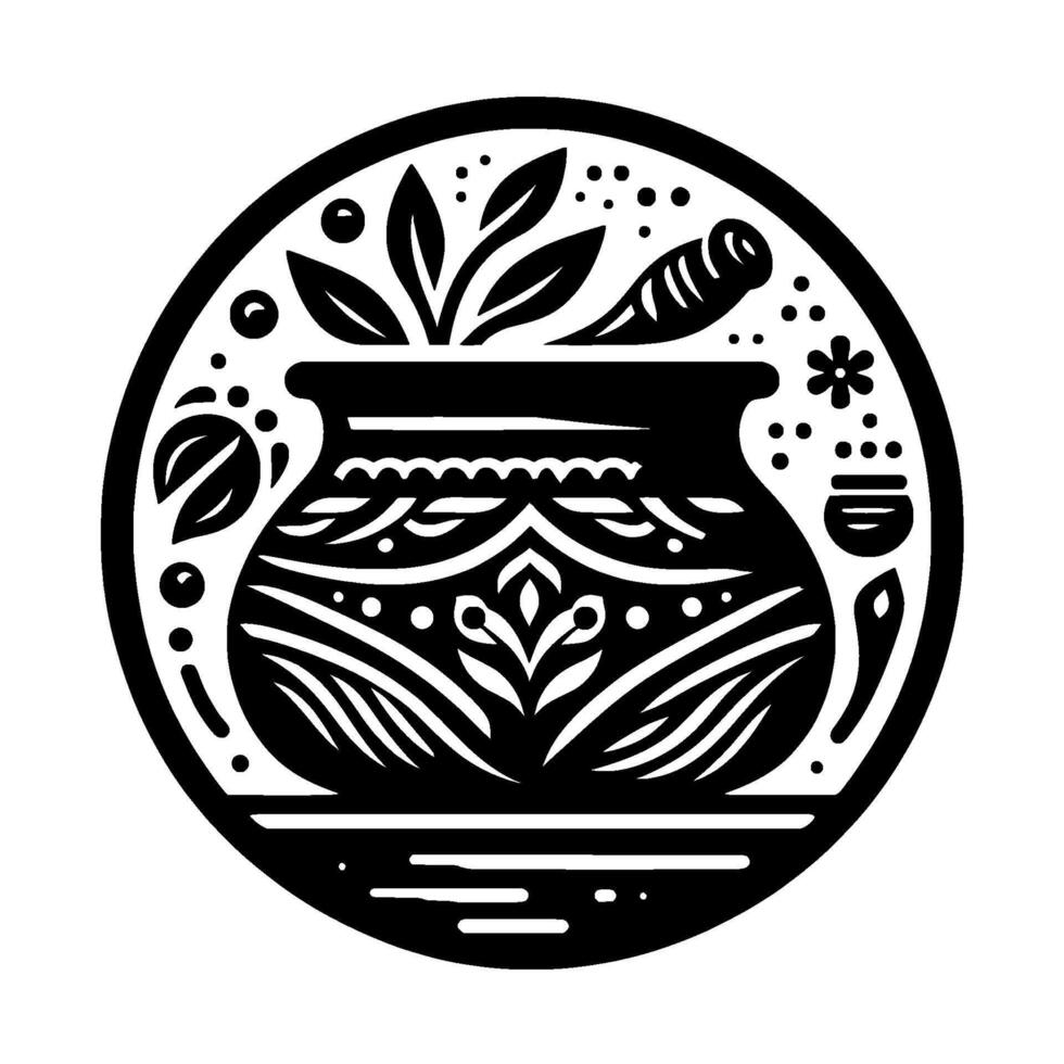 Intricate Black and White Roundel Illustrating a Decorated Pot with Plants, Herbs, and Kitchen Utensils. vector