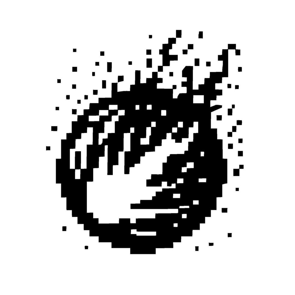 Pixelated Black White Comet A minimalistic asteroid with a glowing white center, dissipating into pixel particles, on a clean white background. vector