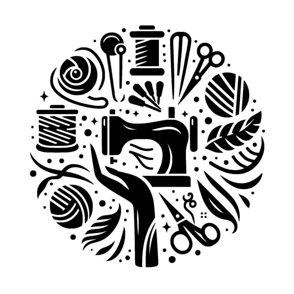 Black and white circular emblem featuring sewing tools, including a sewing machine, thread spools, scissors, a hand, needles and other sewing implements, with a natural, leaflike aesthetic. vector