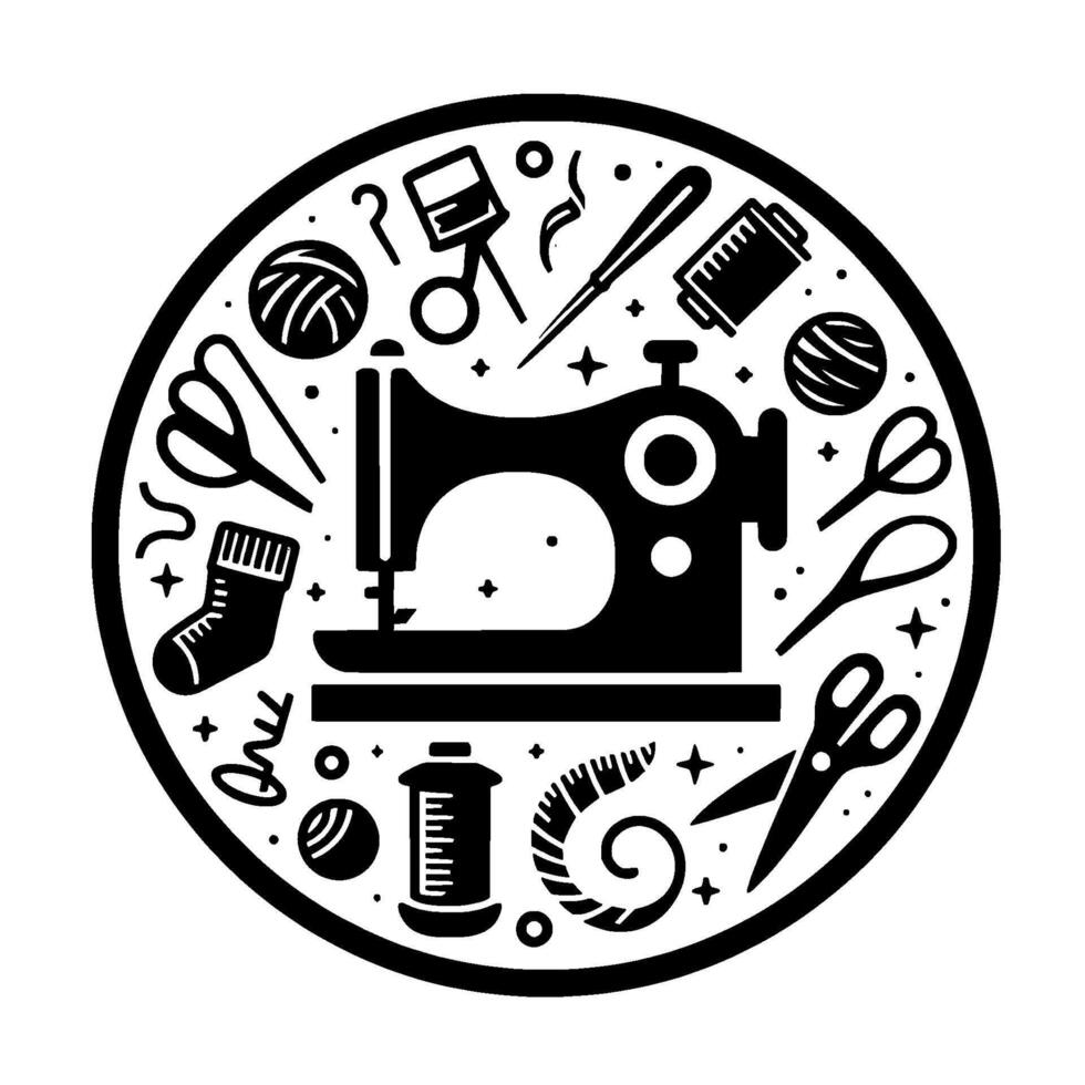 Circular Black White Emblem of Sewing Tools Sewing Machine, Stitching Arts Crafts. vector