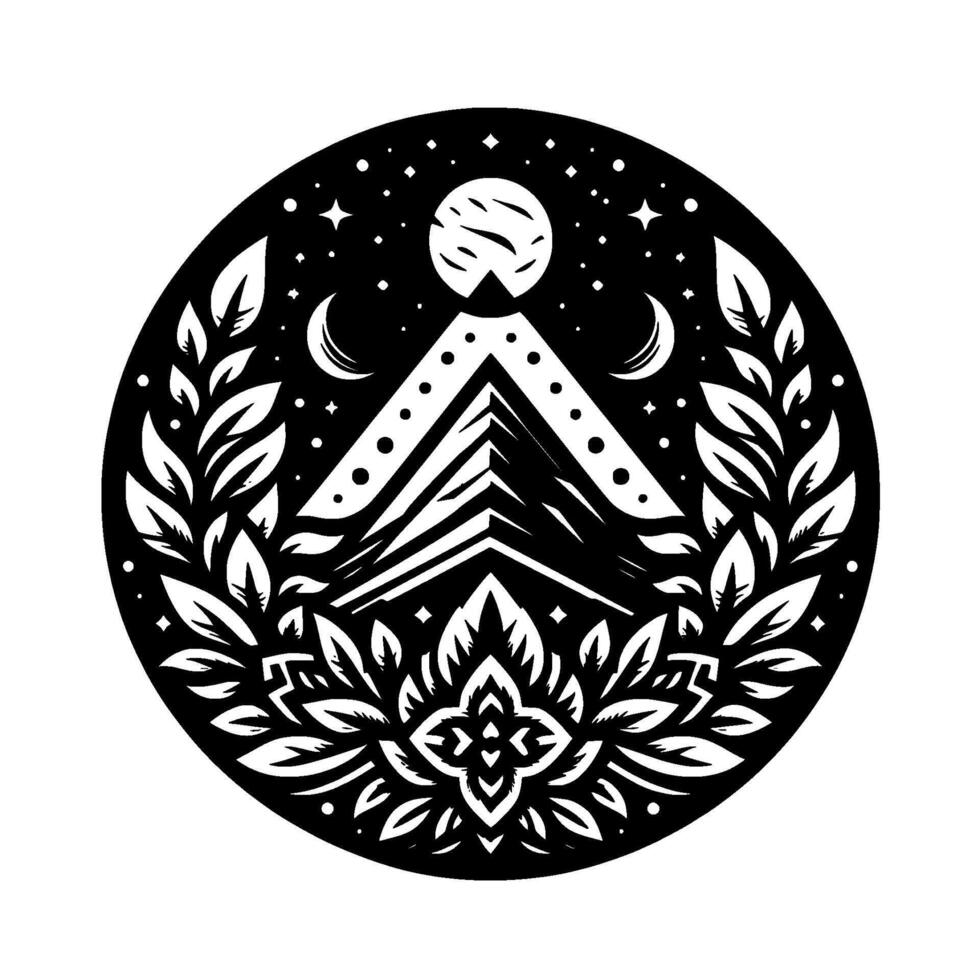 Intricate black and white round featuring a mountain peak beneath the starry night sky, crescent moons, foliage, and a floral mandala. vector