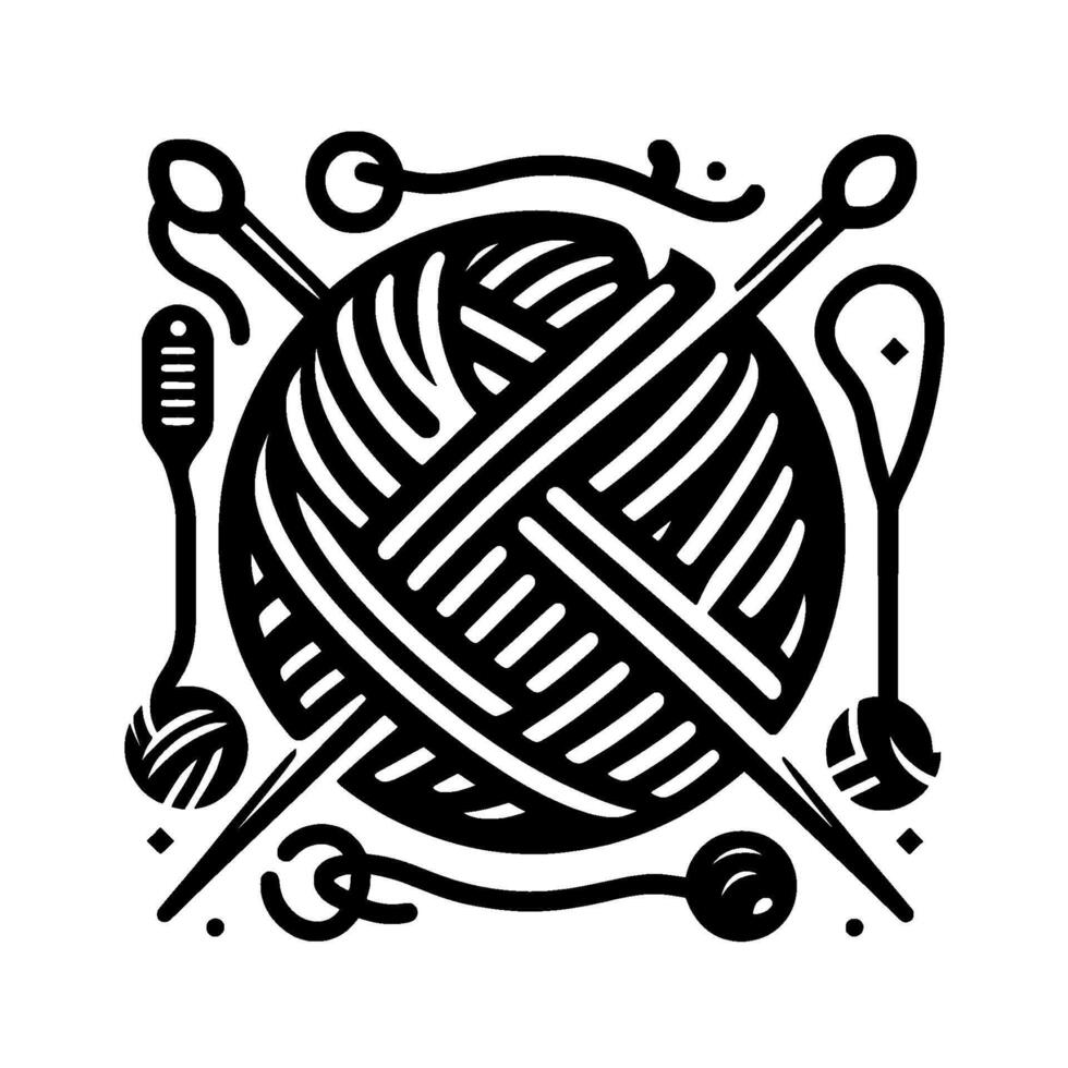 Black and White Minimalist Featuring a Central Ball of Yarn Surrounded by Knitting Tools in a Geometric Composition. vector