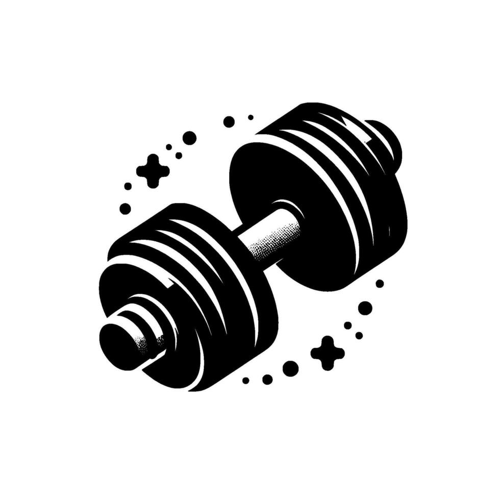 Bold Black and White Dumbbell Illustration with Abstract Circular Decorative Accents, Representing Fitness and Strength vector