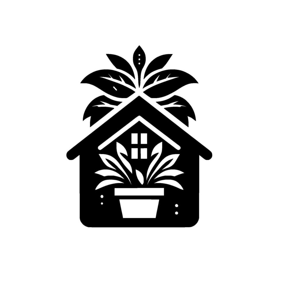 Black and white minimalist of a house integrating stylized plants, featuring a house shape with a potted plant inside and leaves above. vector