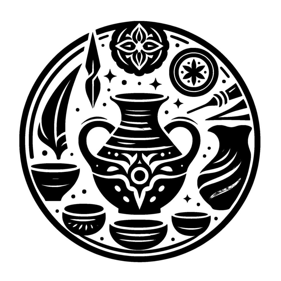 Artistic Black and White Circular Composition Featuring Pottery, Bowls, and Decorative Symbols in a Minimalist Style. vector