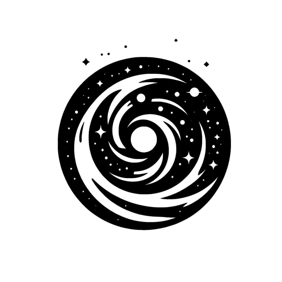 A stylized black and white illustration depicting a cosmic spiral galaxy, featuring swirling patterns and a backdrop of starry night. vector