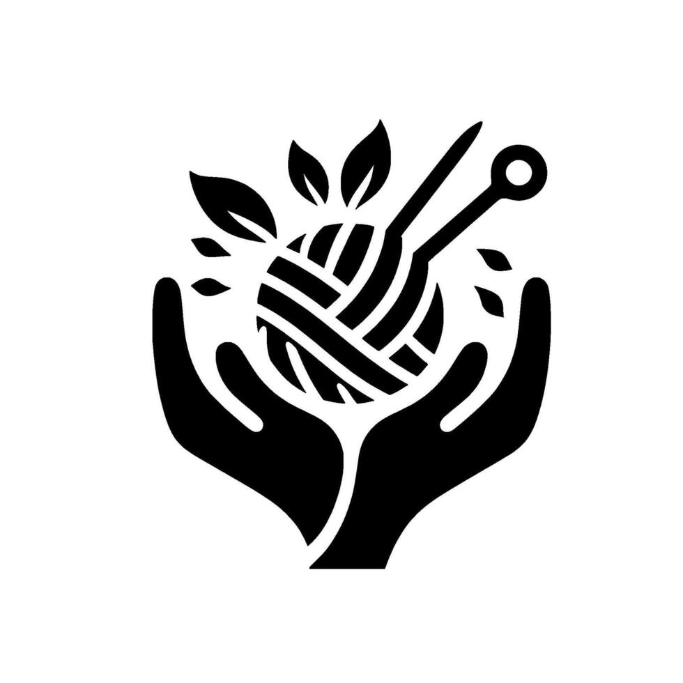 A black and white illustration of cupped hands cradling a ball of yarn with needles, accompanied by leaves, signifying care and craftsmanship. vector