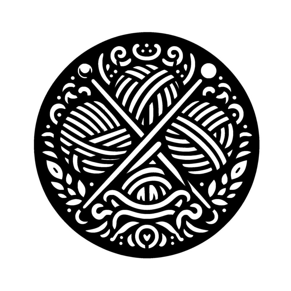 Intricate Monochromatic Circular Emblem of Yarn Balls, Knitting Needles, and Decorative Foliage, Representing Crafting and Needlework. vector