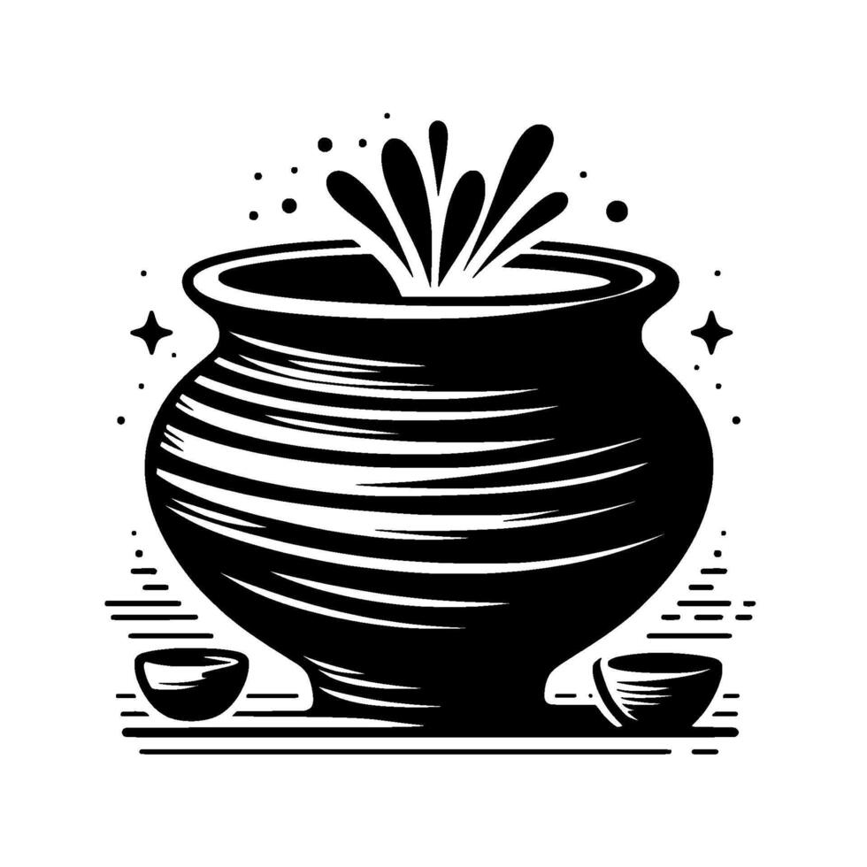 Stylized Black and White Illustration A Bubbling Cauldron with Splashes and Two Small Bowls, Decorated with Stars. vector