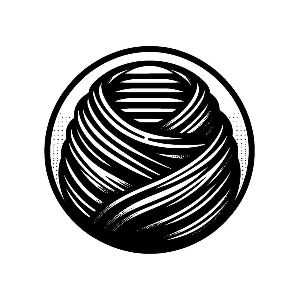 Circular black and white artwork of a yarn ball within a circle, with a striped center and dot border, minimalist . vector