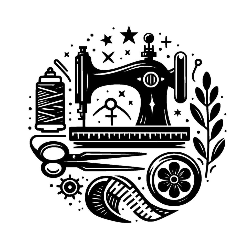 Circular Black and White Illustration Featuring a Sewing Machine, Tools, and Decorative Elements, Representing Craftsmanship. vector