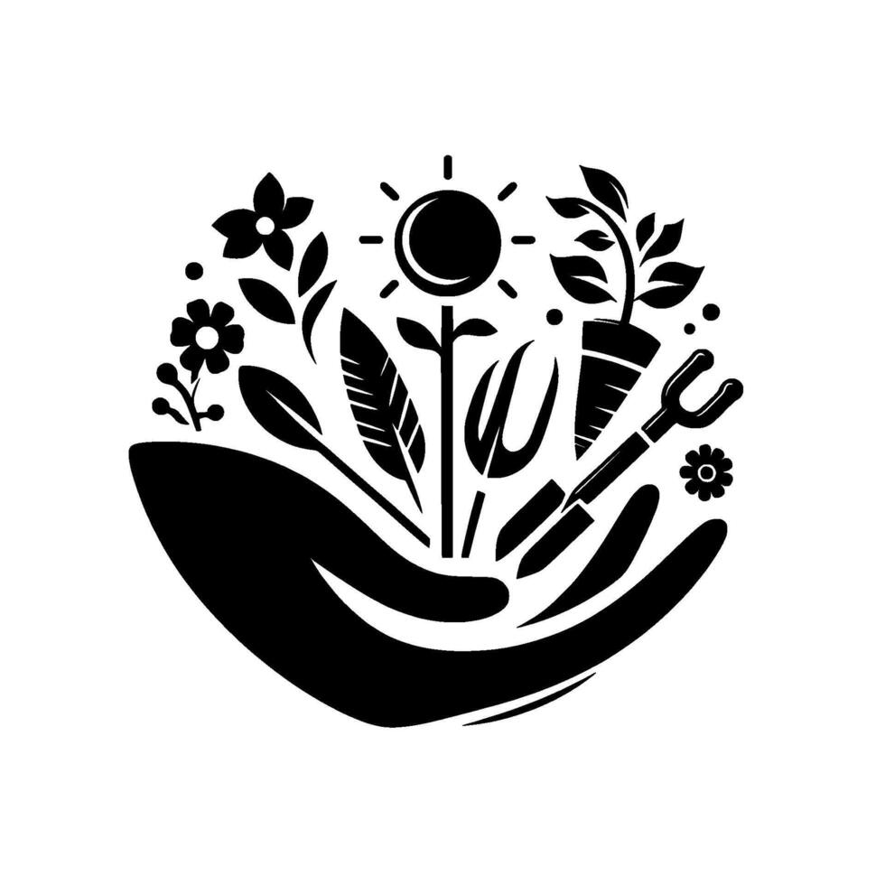 Symbolic Black and White Garden Emblem Human Hands Cradle Flowers, Plants, Sunlight, and Gardening Tools. vector