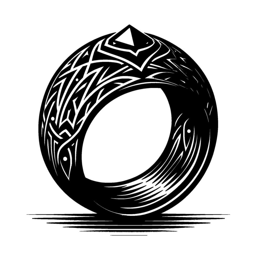 Intricate Black and White Ring with Geometric Tribal Patterns and a Gemstone Detail, Standing on Lines. vector