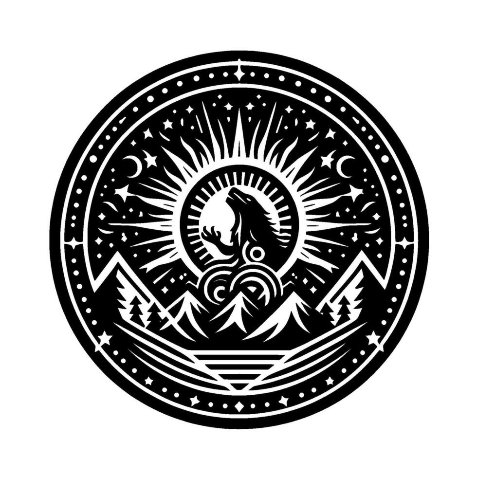 Intricate Black and White Circular Illustration of a Howling Wolf Silhouette Amidst Mountain Landscape, Sun, Stars, and Cresent Moons. vector