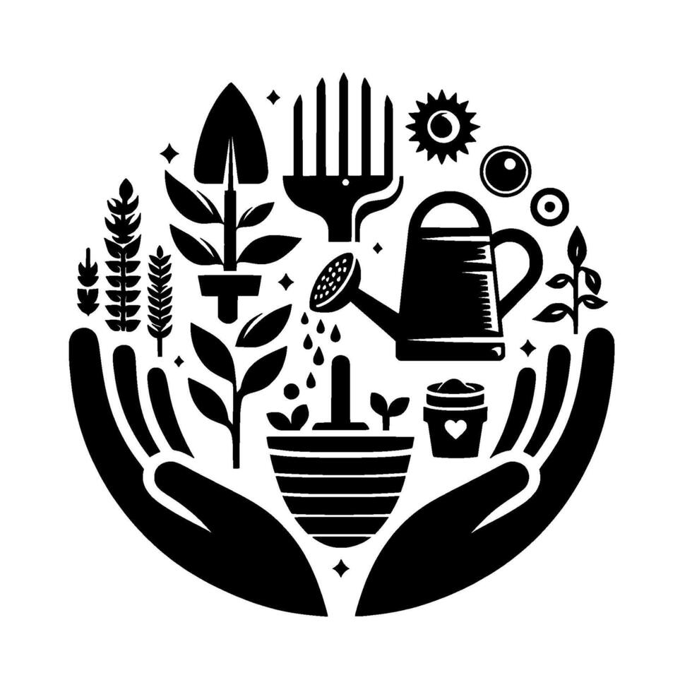 illustration Caring hands cradling garden tools and plants, symbolizing growth and nurturing, in a monochrome style. vector