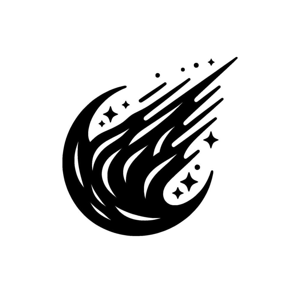 Abstract black celestial body with curved lines, starburst, and stars against a stark white background. vector