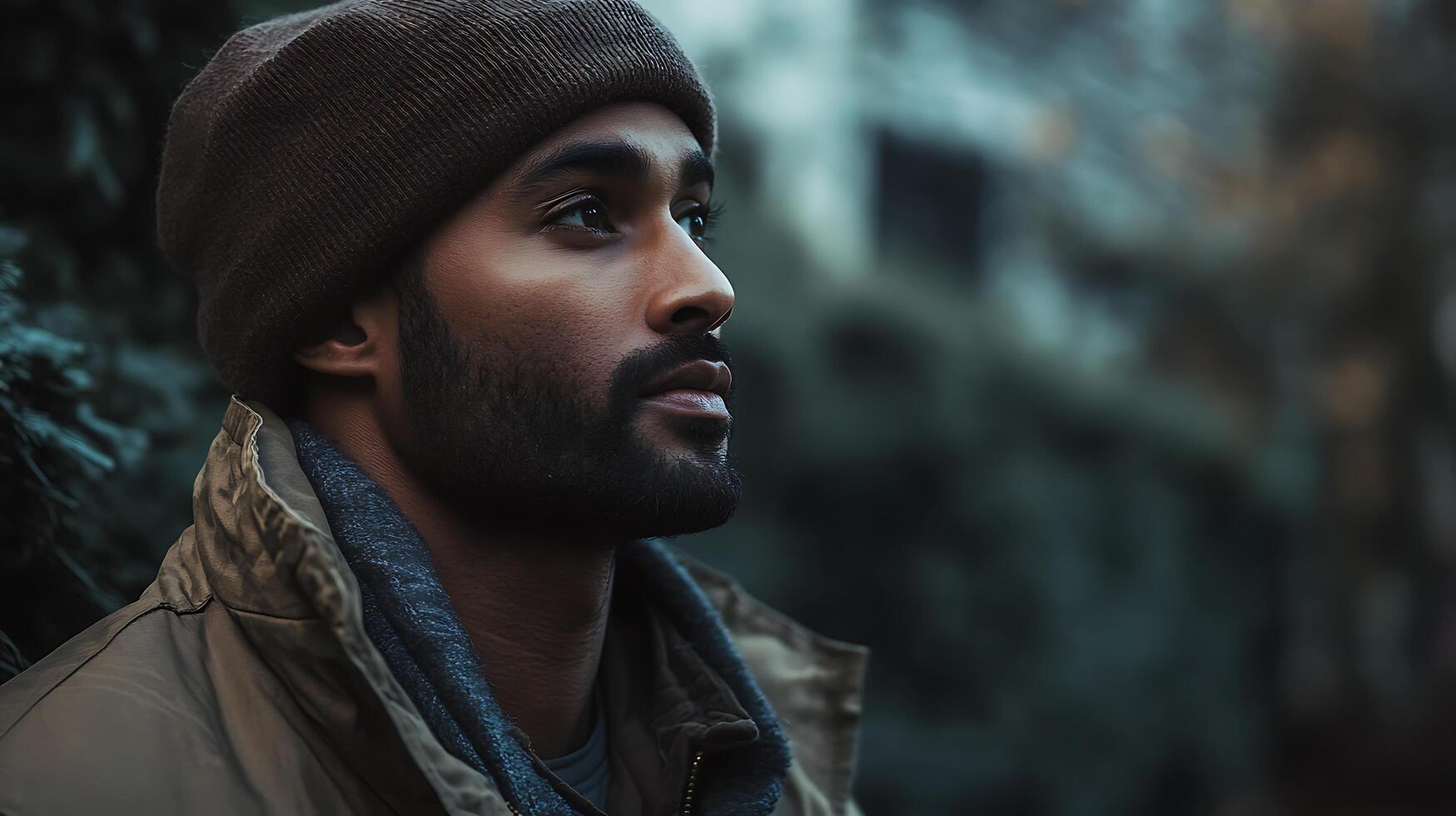 A contemplative man looks up while wearing a beanie and jacket He has a beard and is gazing into the distance photo