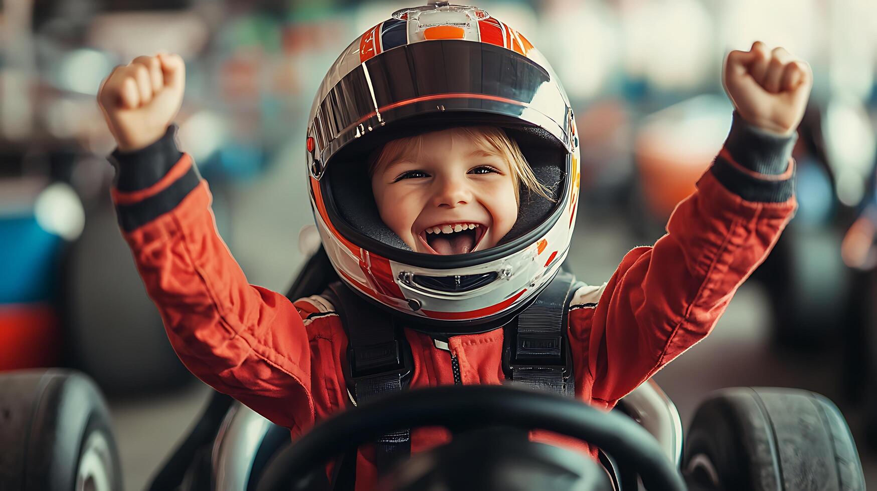 Victorious young racer in helmet raises fists celebrating a win with genuine joy and enthusiasm pure happiness shining through photo