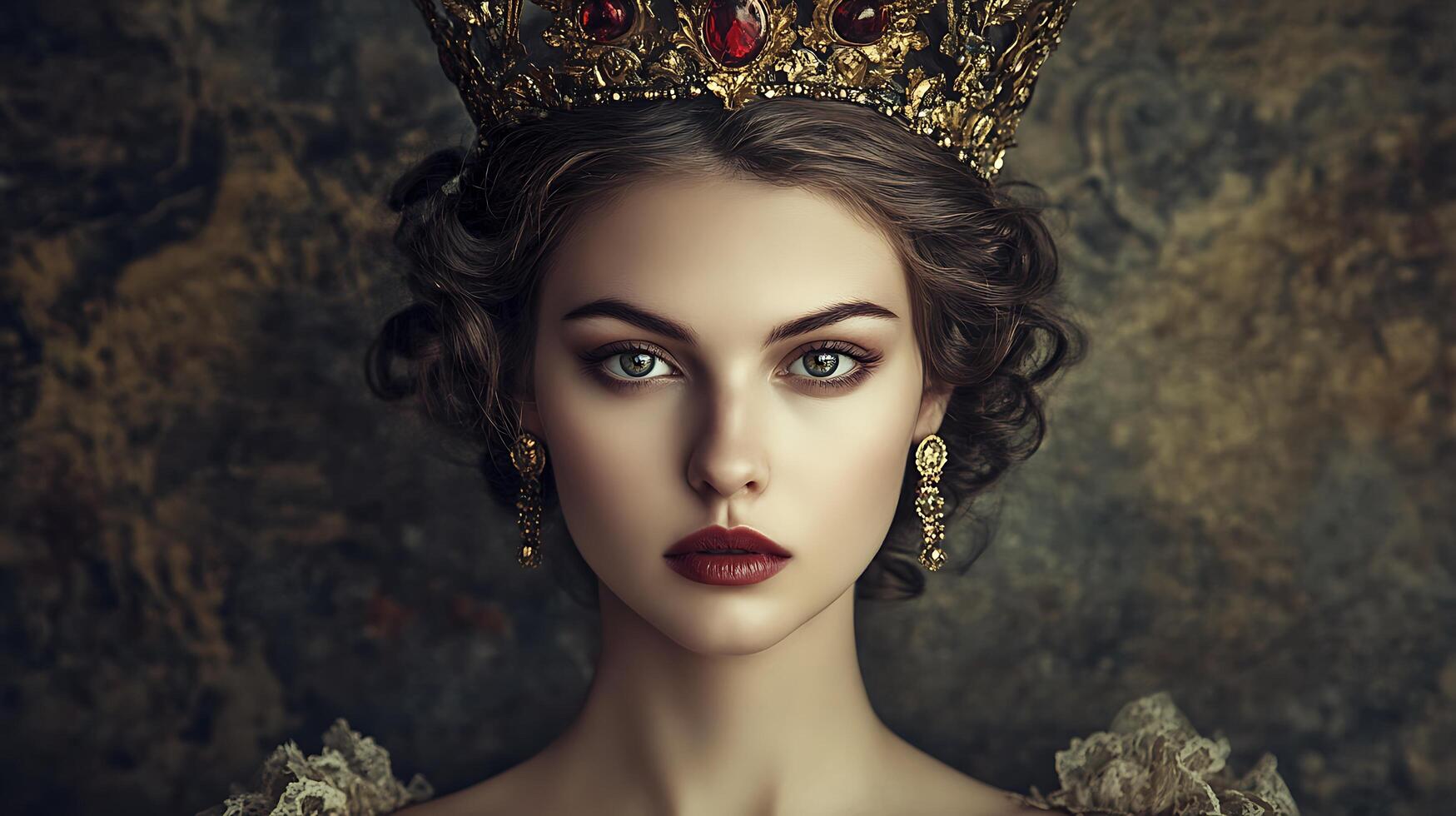 Portrait of a regal woman wearing a jewel-encrusted crown adorned with intricate gold earrings and set against a textured backdrop photo