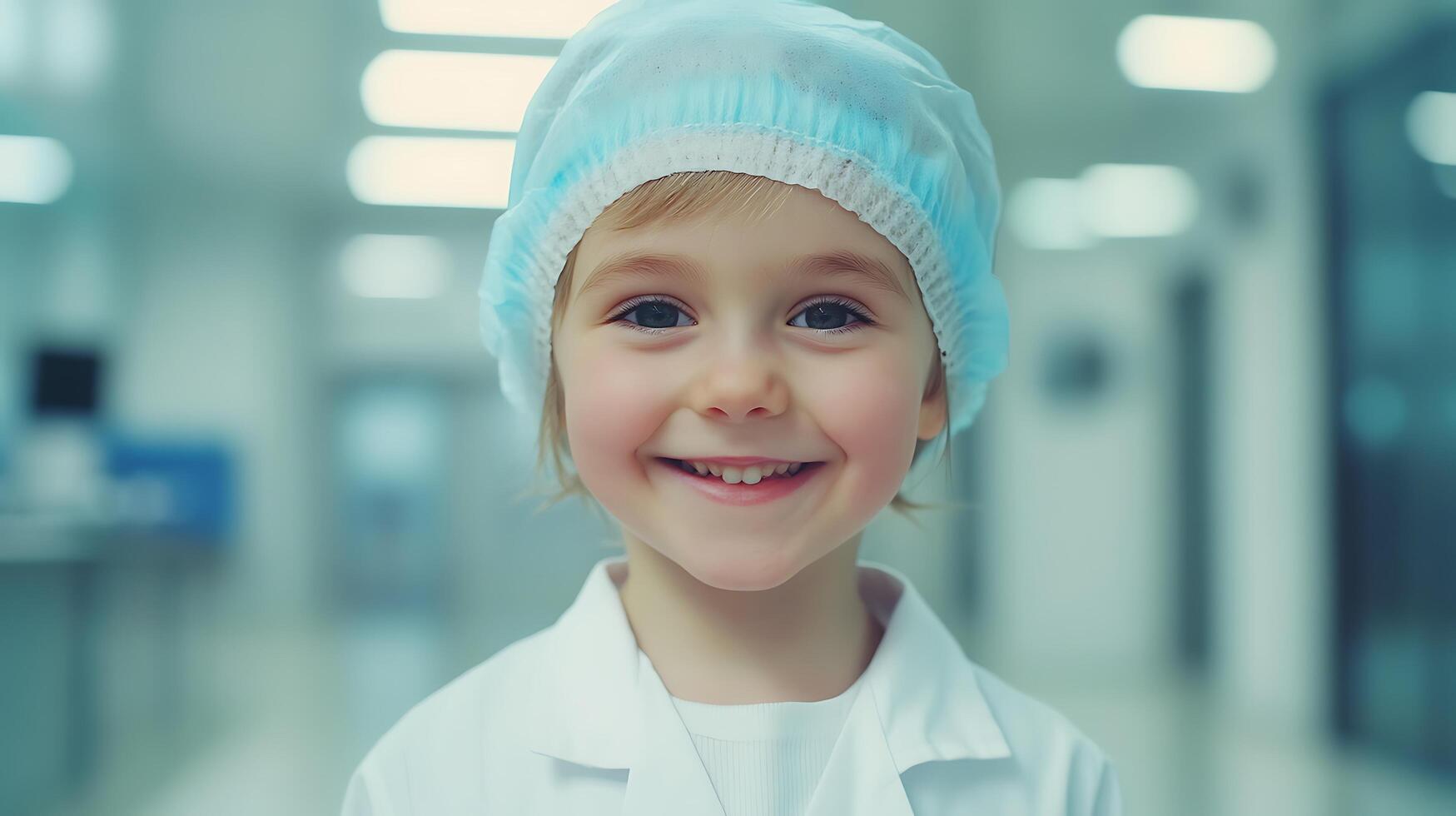 A young child dressed in medical attire smiles brightly in a sterile hospital setting embodying dreams of healing and hope for the future photo