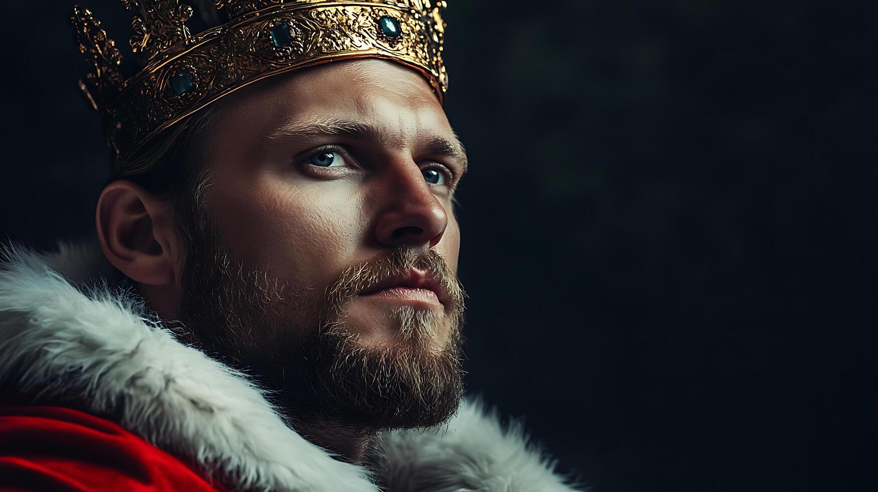 A regal figure with a golden crown The man appears contemplative set against a dark background emphasizing his royal persona photo