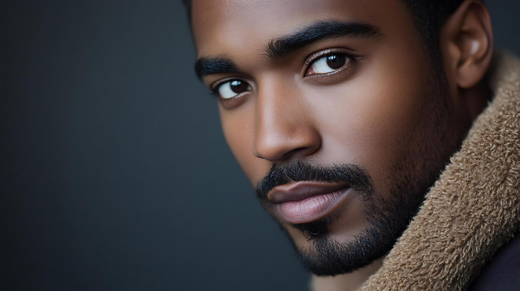 Portrait of a handsome dark-skinned man with captivating eyes a well-groomed beard and a stylish collar against a dark grey backdrop photo