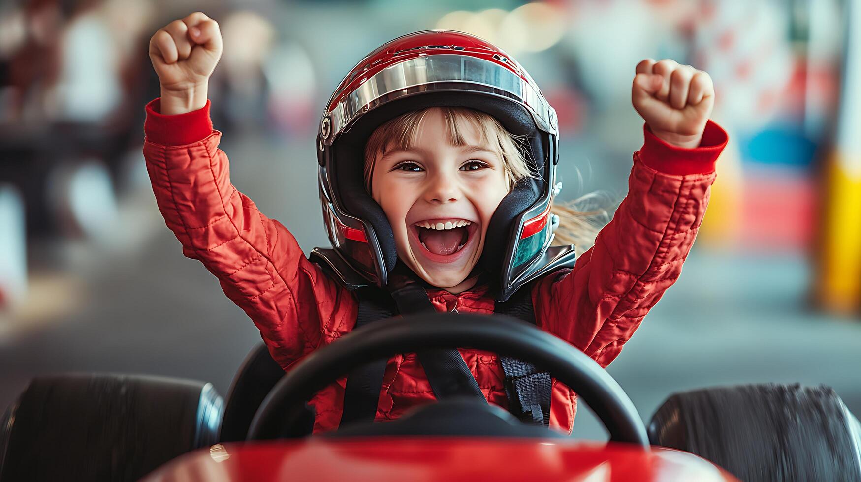 Victorious kart racer a young child celebrates a go-karting win with open mouthed excitment helmet on and fists triumphantly raised photo