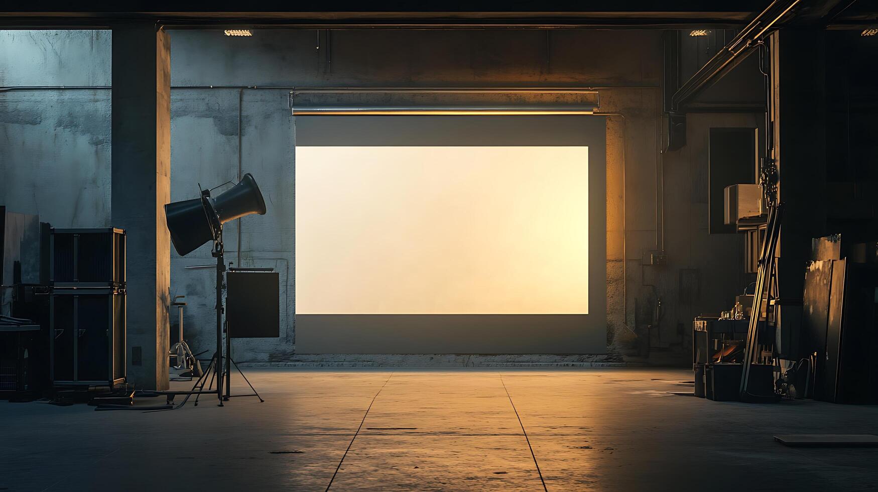 An indoor industrial scene showcasing a blank screen illuminated by warm light alongside equipment under dim lighting in a neutral palette photo