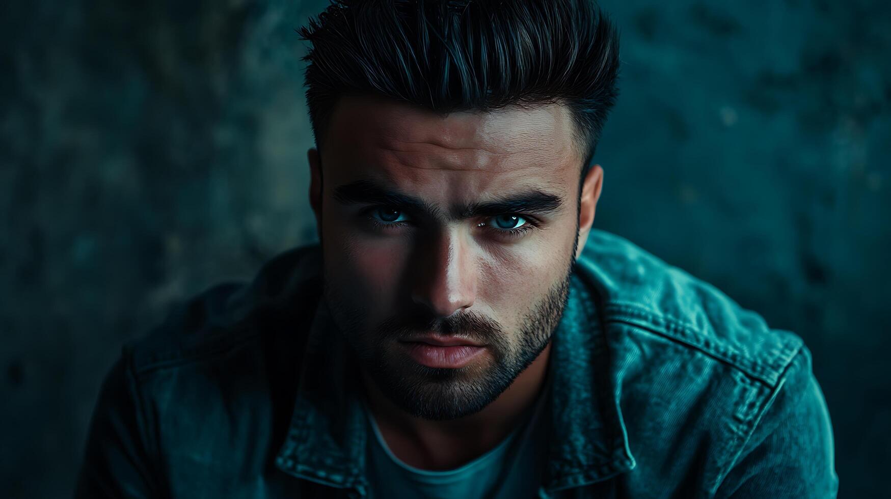 Intense gaze of a handsome man with a beard styled hair wearing a denim jacket against an abstract moody backdrop captivating stare photo