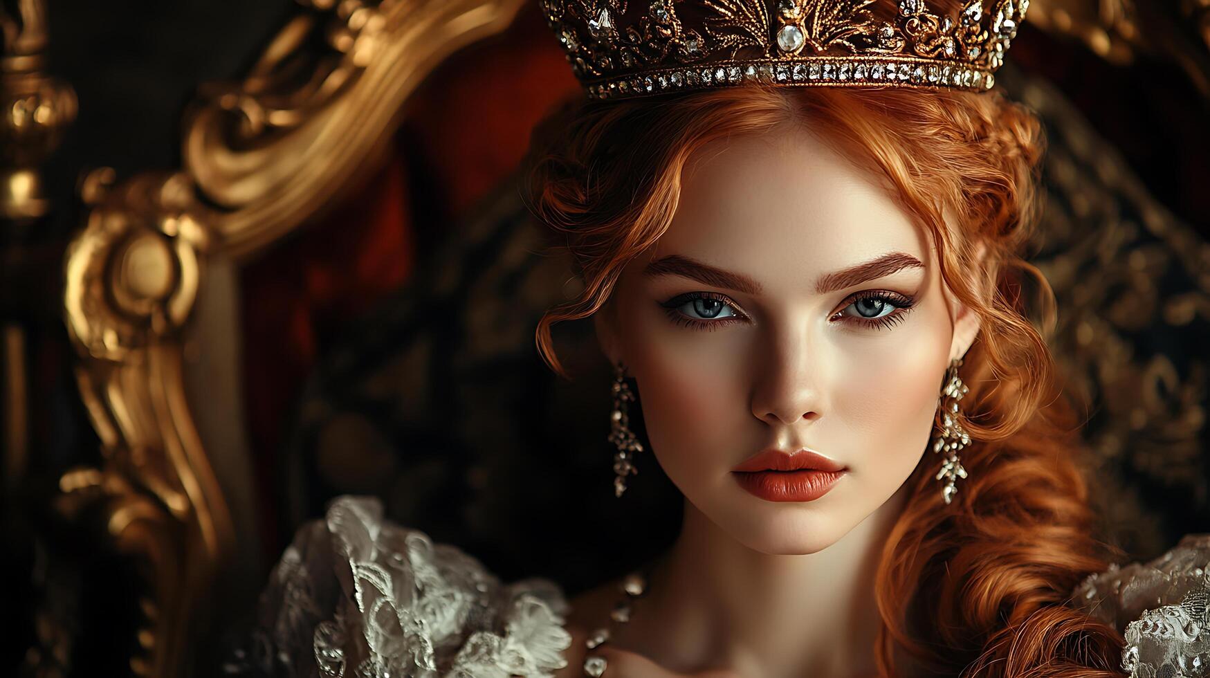 Elegant portrait of a woman with red hair wearing a crown and jewelry seated in a gilded chair Regal beauty with a touch of mystery photo