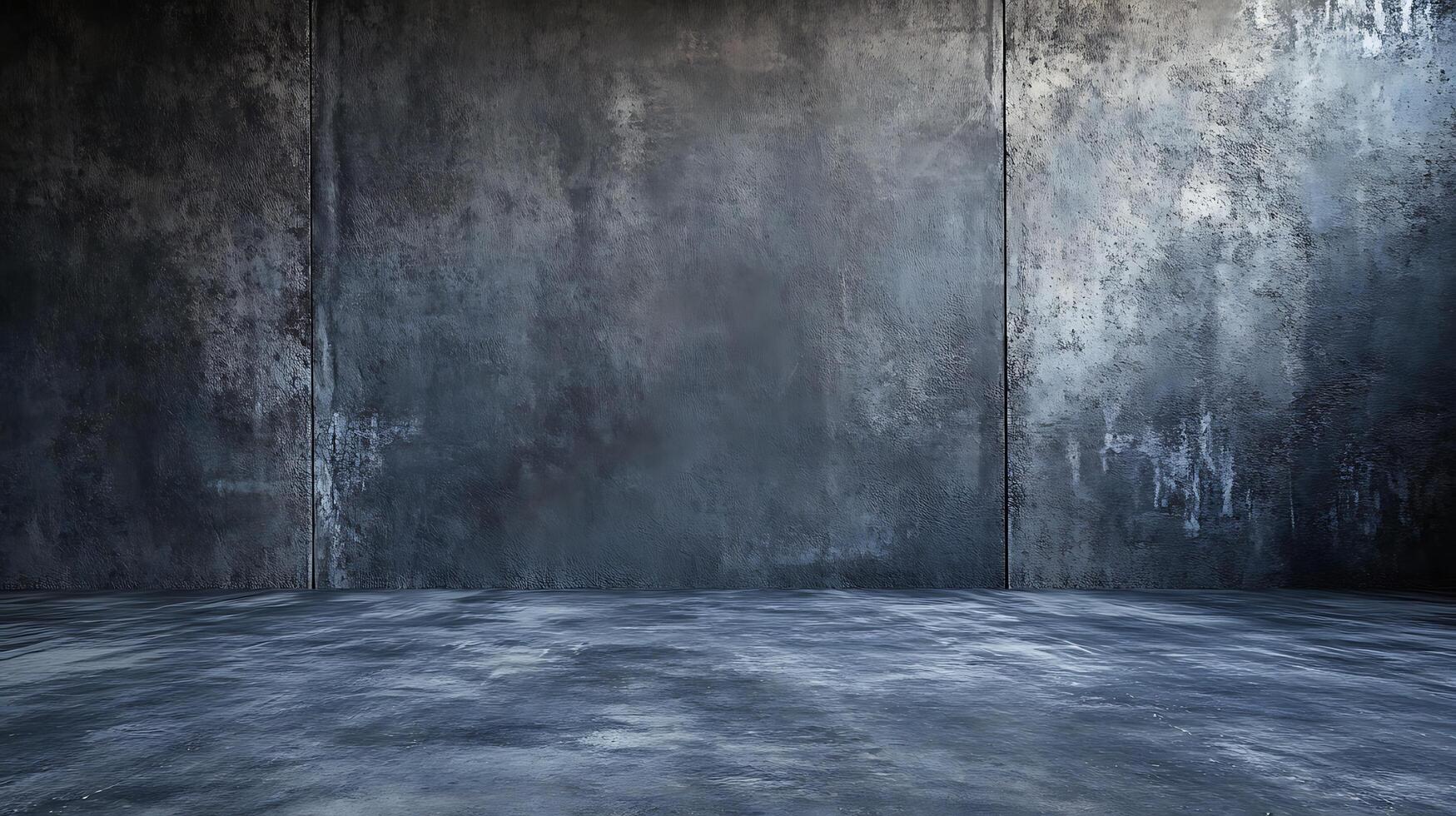 A large, empty room with a gray wall photo